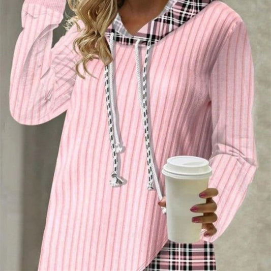 Knitted Stitching  Contrast Color Jacquard Hoodie Top with  Long Sleeve