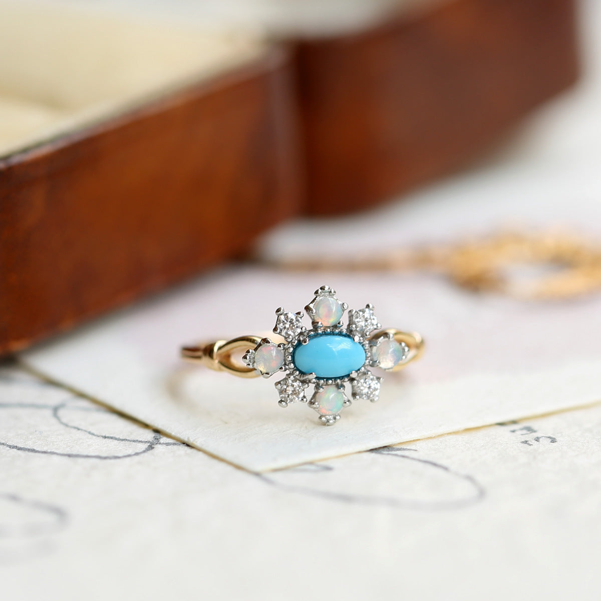 Flower Dome Turquoise Stone Surrounded By Opals Sterling Silver Ring.