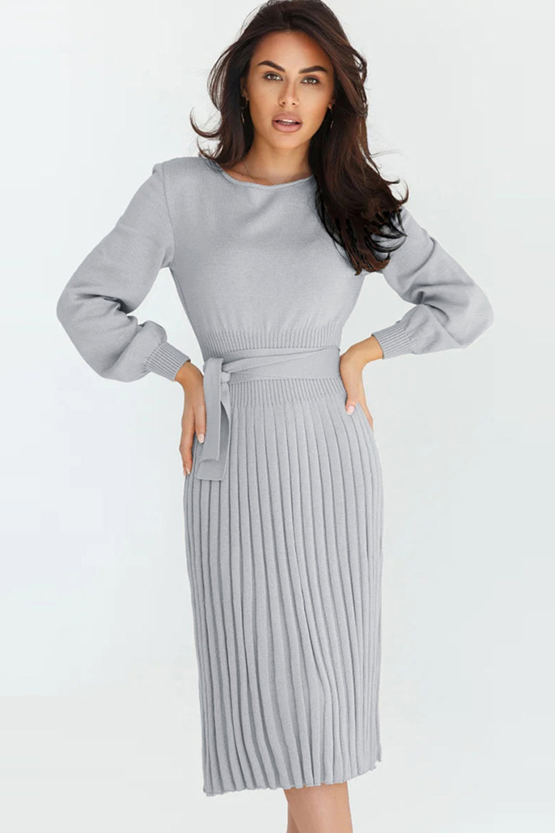 Round Neck Long Sleeve Pleated Midi Sweater Dress