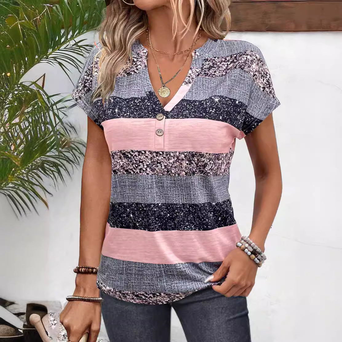 British Style   Striped V-neck Summer Casual T-shirt w/ Short Sleeve