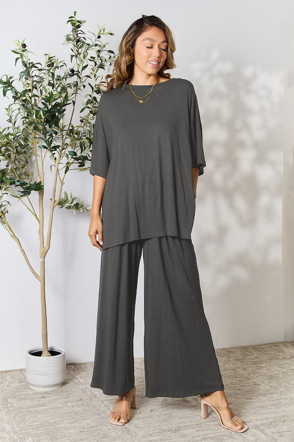 Trendy Duo Full Size Round Neck Slit Top and Pants Set