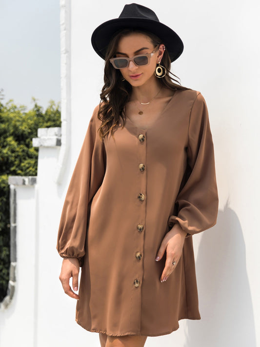 New Autumn  Mini Buttoned Dress with V-Neck & Long Sleeves