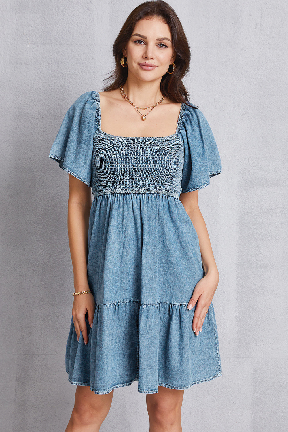 Smocked Perfection Square Neck Mini Denim Dress