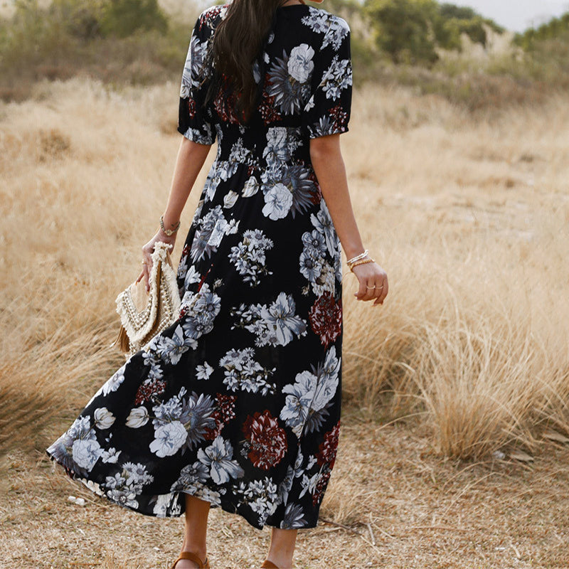 Floral V Neck Elastic Waist Summer Dress