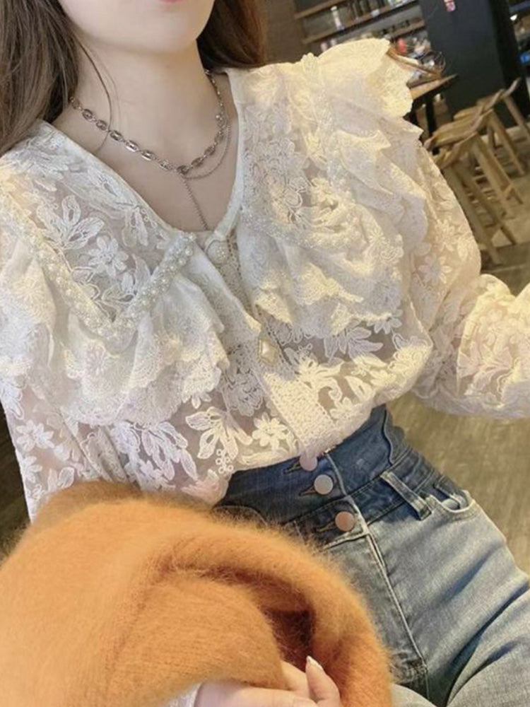 Chic Design Sense Niche V-Neck Lace Blouse  Layered  Ruffles Hem