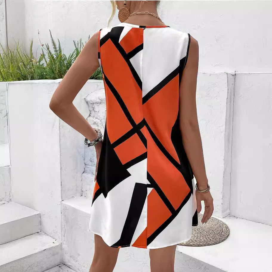 Modern 3D Print Mil Silk Dress Sleeveless with V-neck & Loose Waist