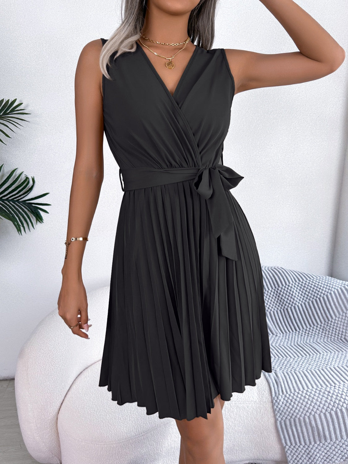 Radiant Surplice Pleated Sleeveless Midi Dress