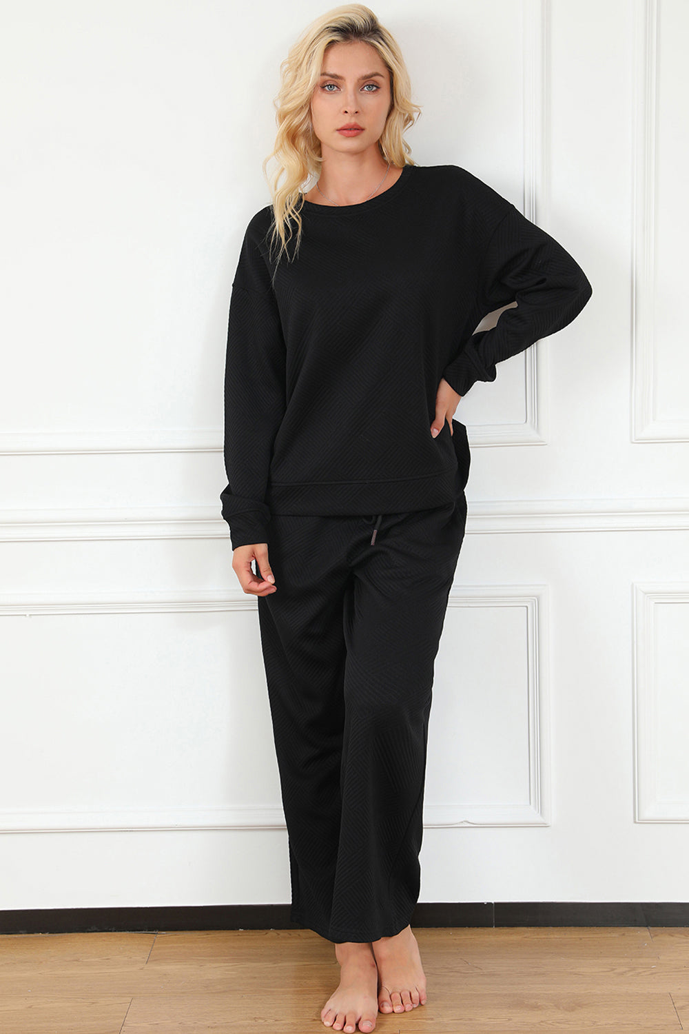 Luxe Loungewear Textured Long Sleeve Top and Drawstring Pants Set