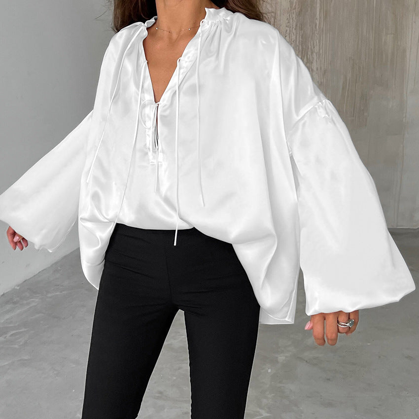Luxe Satin Stand Collar Loose Sleeves Shirt