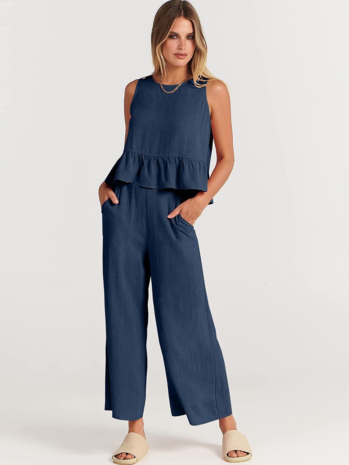 Summer Sleeveless Top Wide-leg Cropped Pants Two Piece Sets