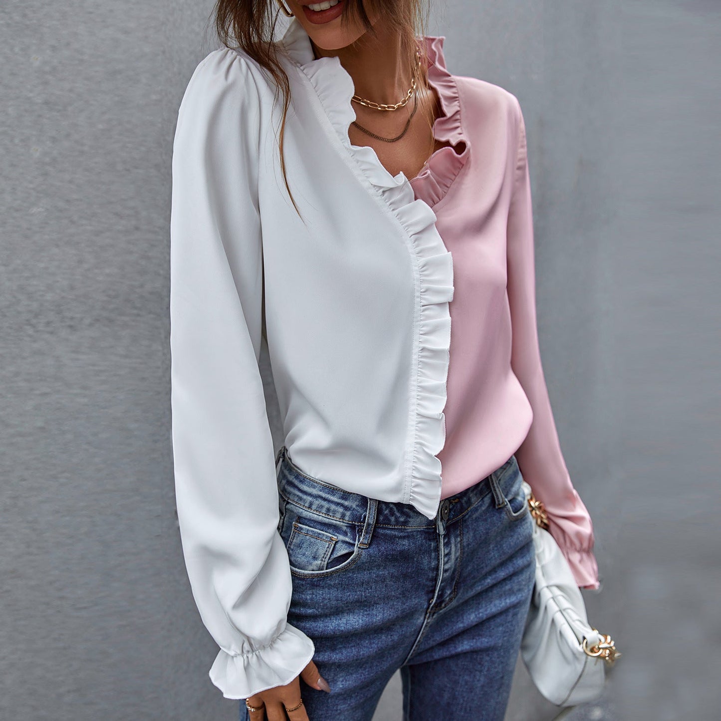 Two Tone  V-neck Ruffle Blouse with  Lotus leaf Sleeve