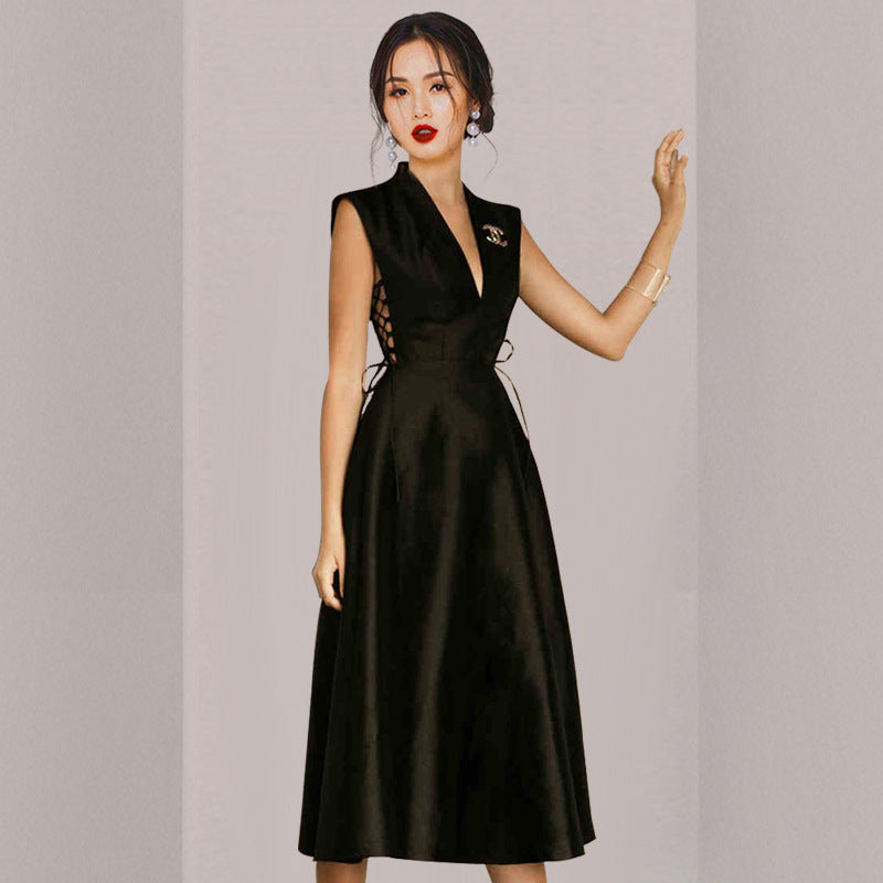 Nightfall Satin Silk V-Neck Cheongsam Dress