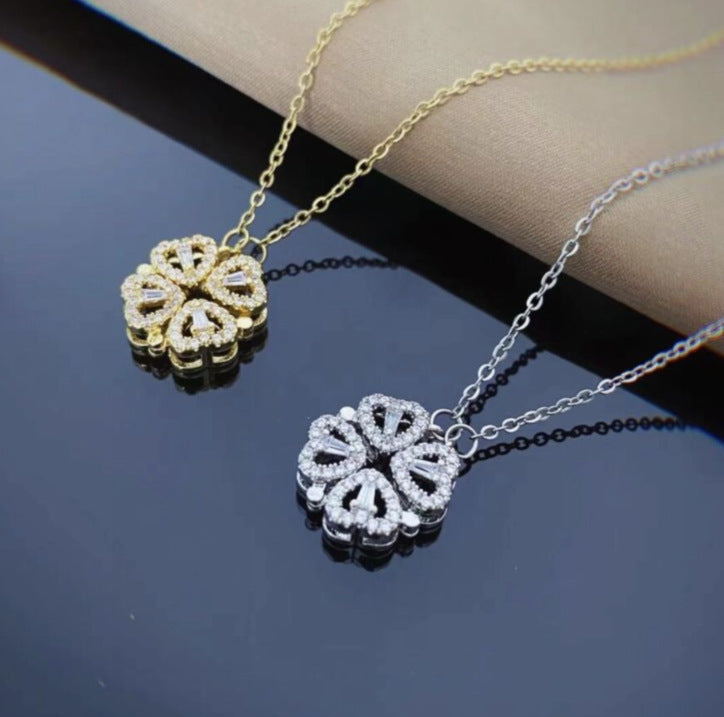 Retro Magnetic Transforming Folding Heart Shaped Four Leaf Clover Pendant Necklace.
