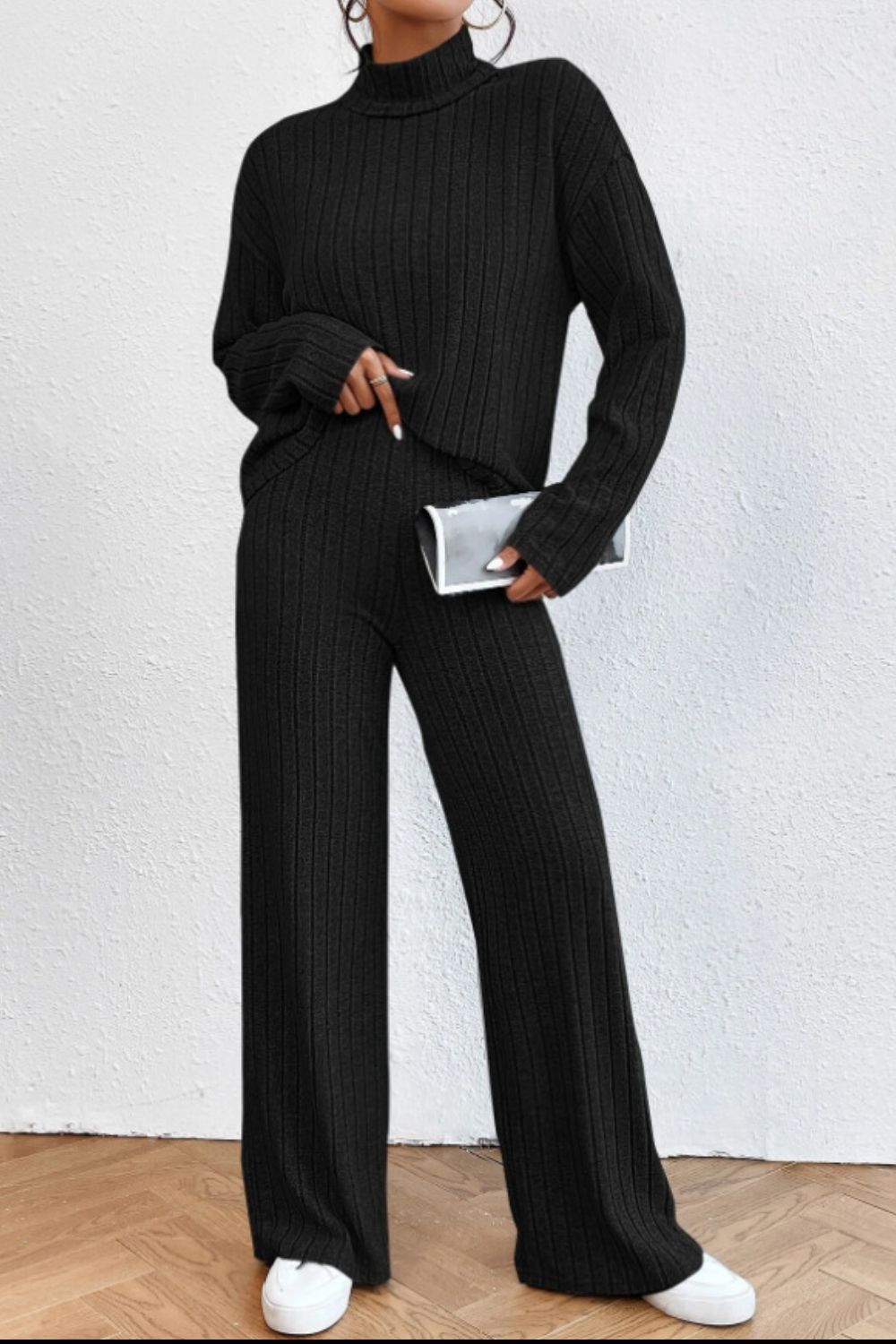 Modern 2-Piece Mock Neck Dropped Shoulder Top and Pants Set