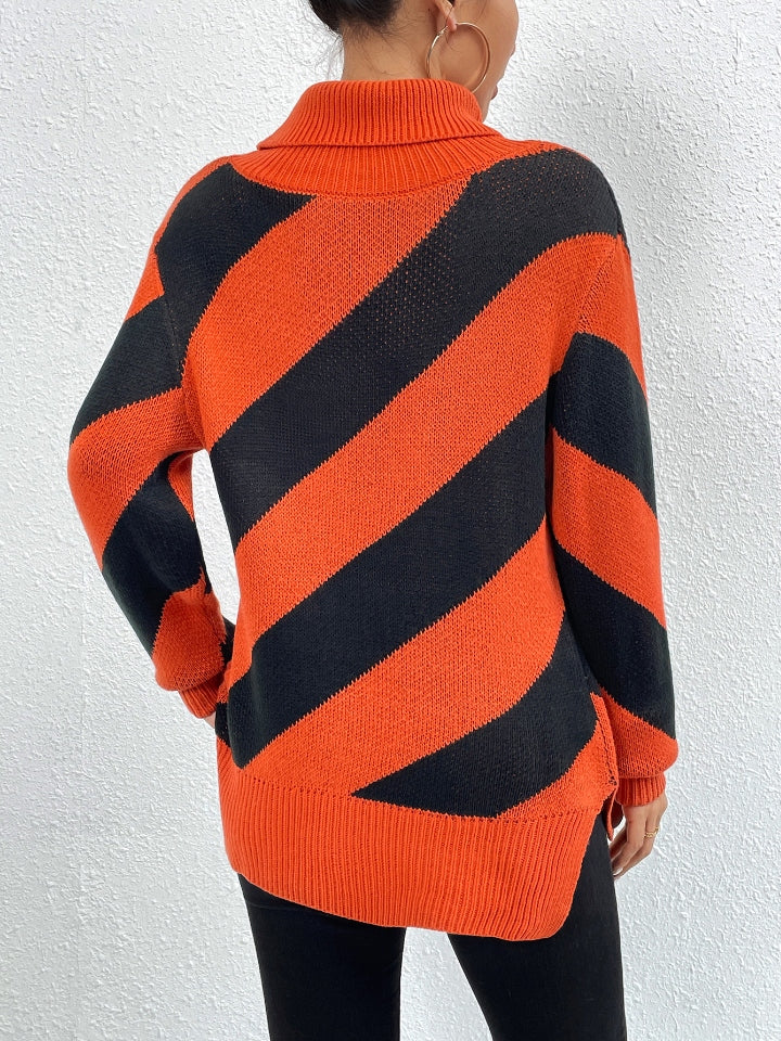 Vogue Striped Turtleneck Dropped Shoulder Sweater