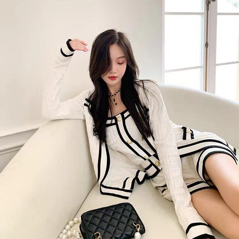 Korean Style Top Pants Cardigan Knitted Three-piece Set