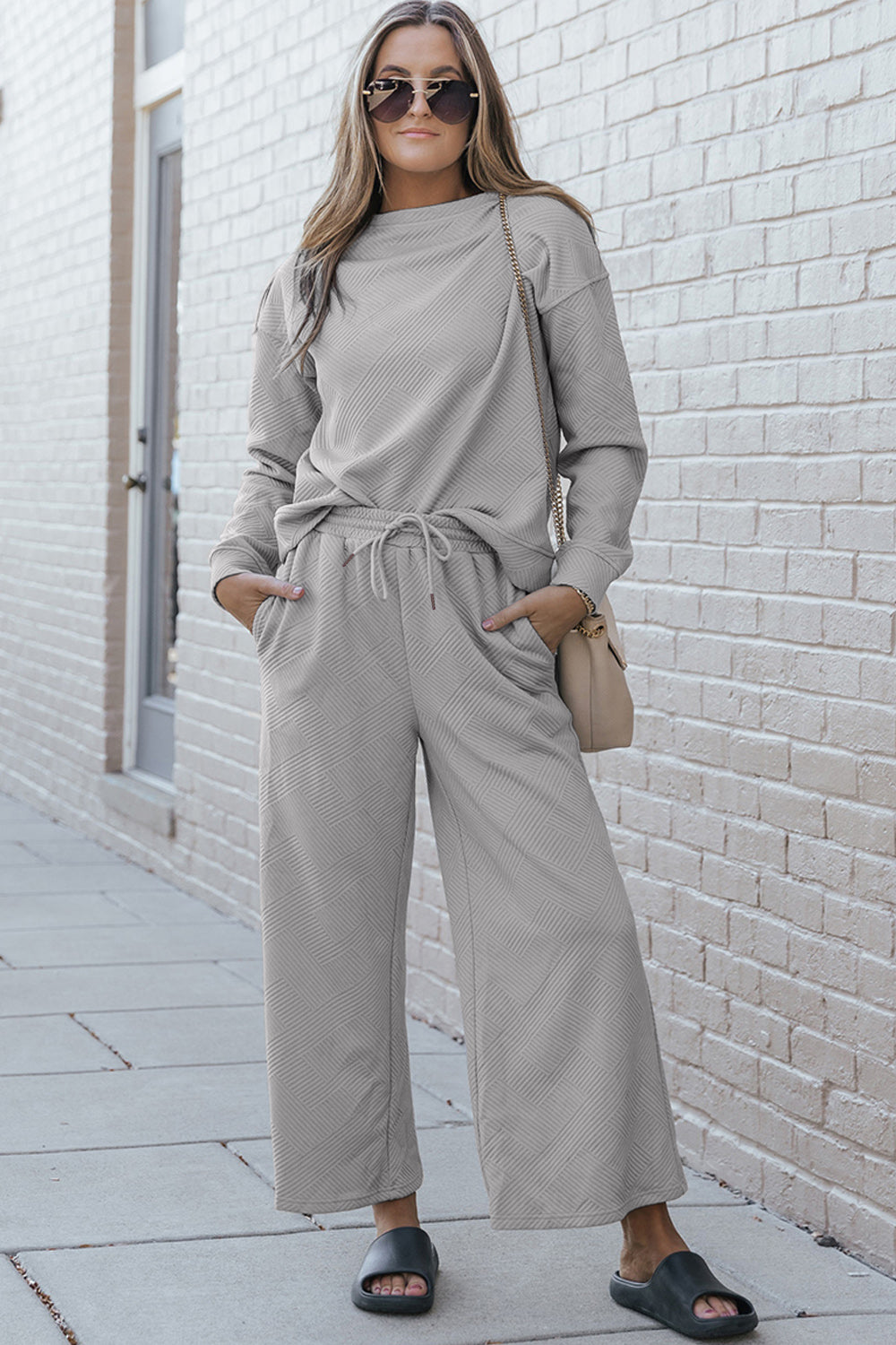 Luxe Loungewear Textured Long Sleeve Top and Drawstring Pants Set