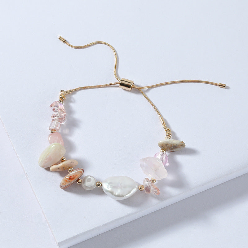 Freshwater Pearls & Natural Crystal Stones Rope Bracelet - Adjustable.