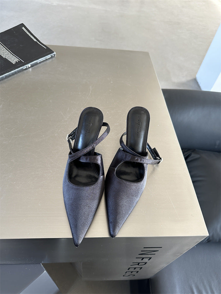 Satin Pointed Toe Adjustable Ankle Cross Strap High Heels
