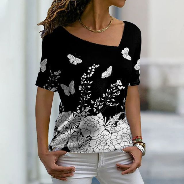 White Flower Printed Top with  Short Sleeve