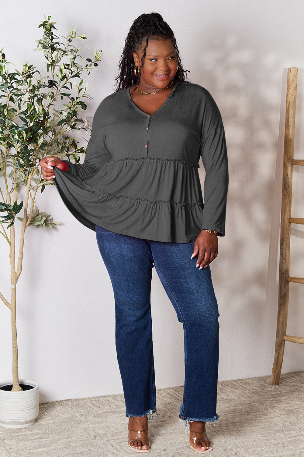 Comfy Ruffle Hem  Double Take Half Button Blouse & Long Sleeve
