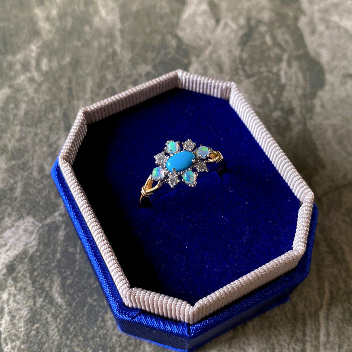 Flower Dome Turquoise Stone Surrounded By Opals Sterling Silver Ring.