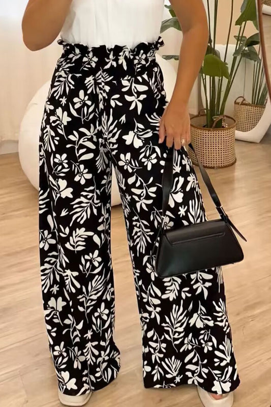 Black-White Floral Printed Full Size High Waist Wide Leg Pants