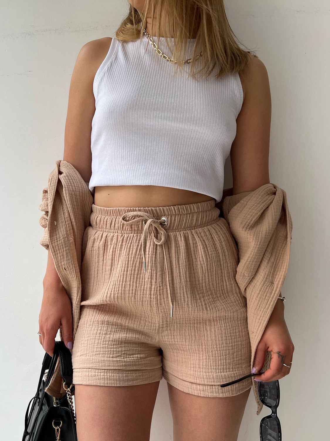 Casual Texture Button-Up Shirt and Drawstring Shorts Set