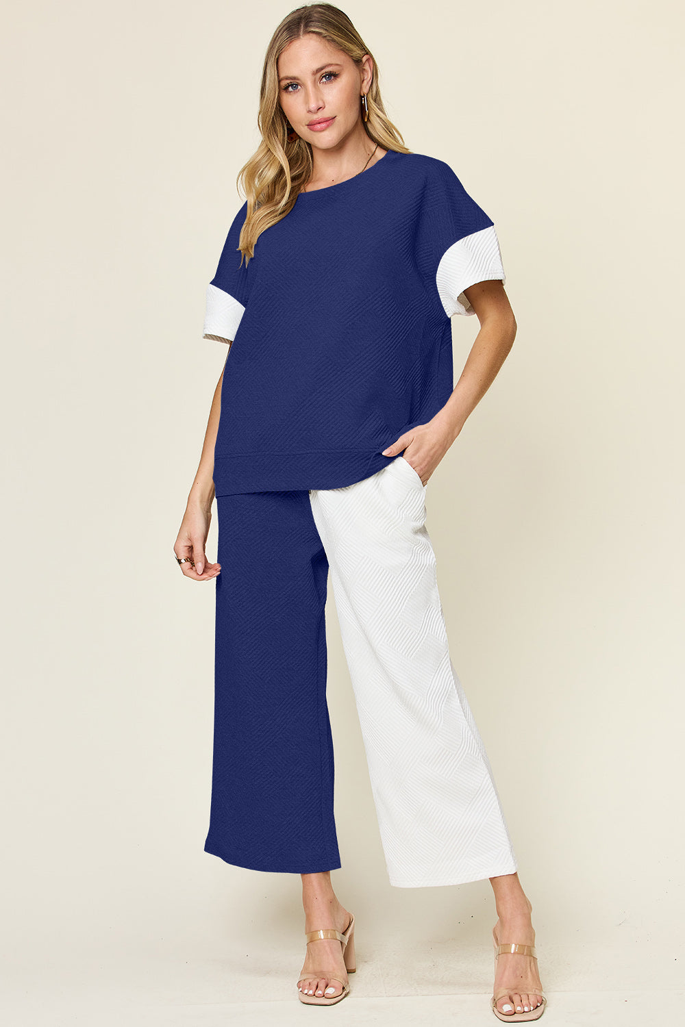 Trendy Texture Contrast T-Shirt and Wide Leg Pants Set