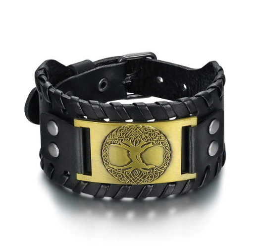 Tree of Life Leather Buckle Arm Viking Punk Bracelet Cuff.
