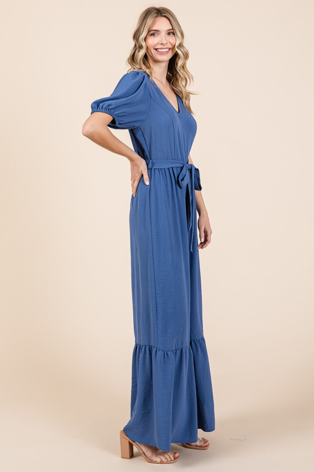 Denim Blue Full Size V-Neck Belted Wide Leg Jumpsuit