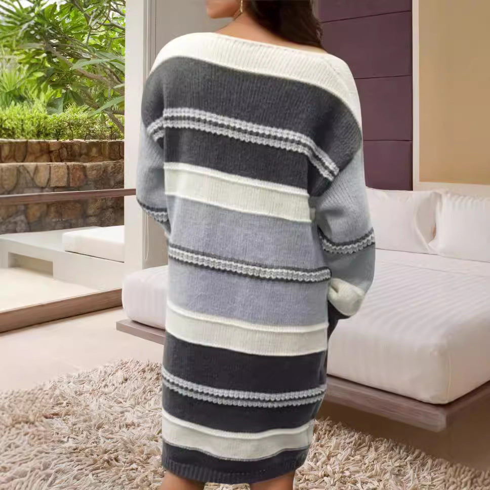 Striped Contrast Color Round Neck Sweater Dress with  Lantern Sleeve