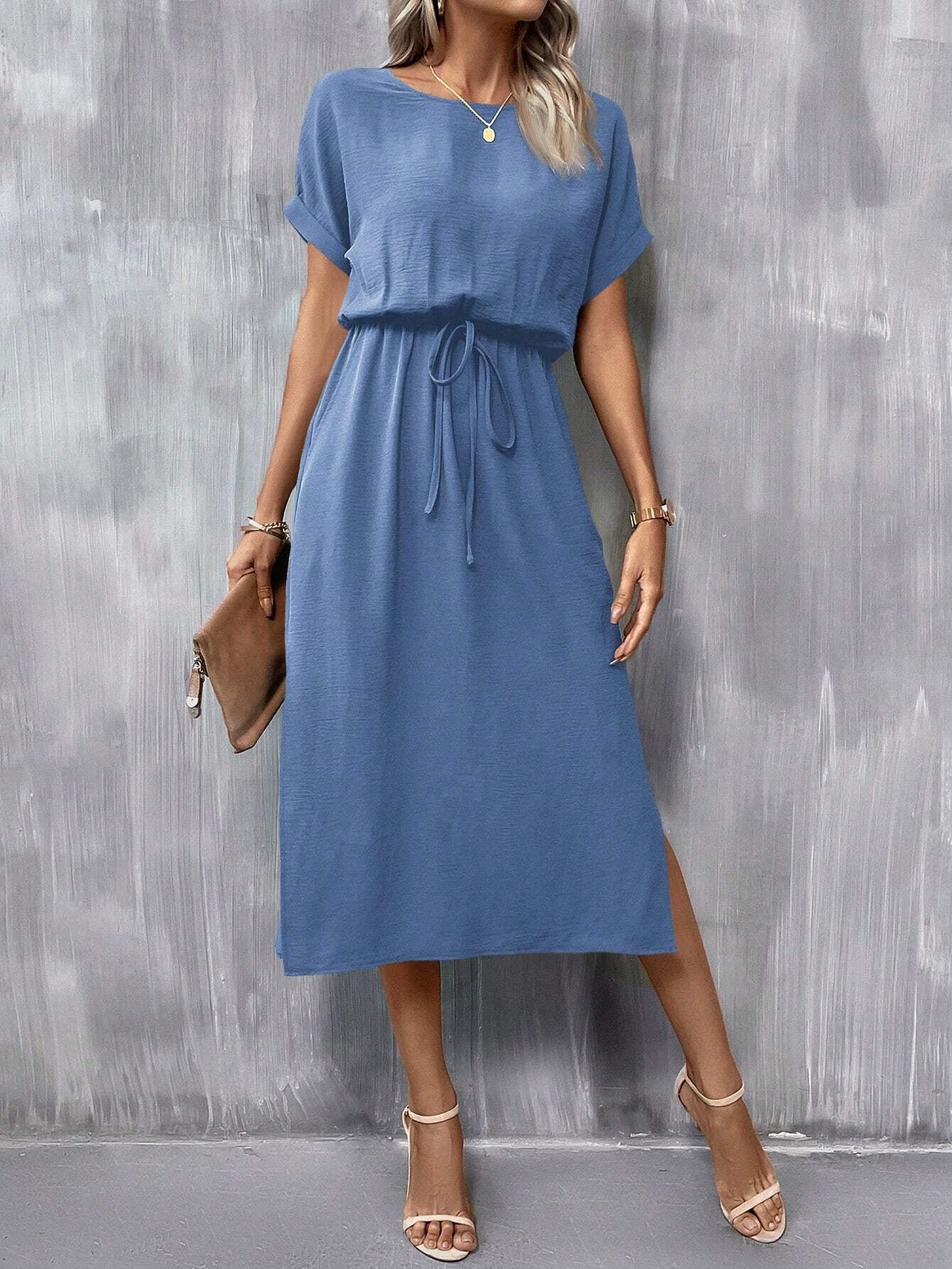 Casual High Waist Round Neck Batwing Sleeve Knot Front Split  Dress