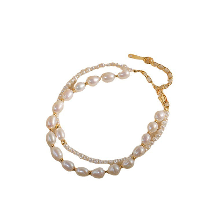 Elegant Baroque Natural Genuine Freshwater Pearl Double Layer Bracelet.