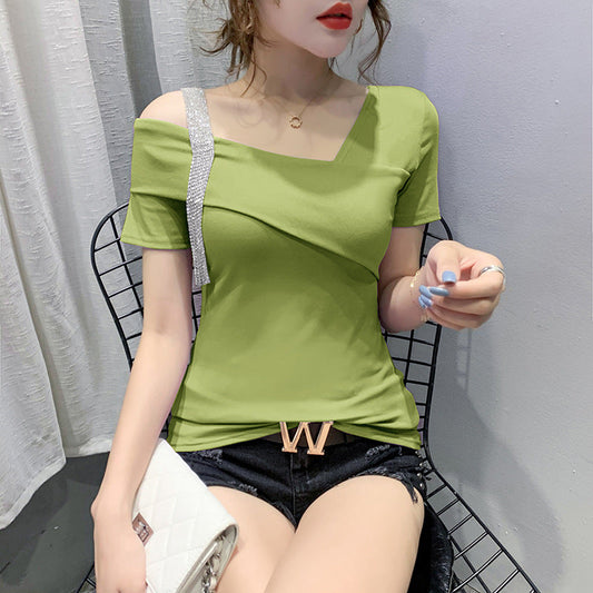 Summer Slim Diagonal Collar Top with Short Sleeve