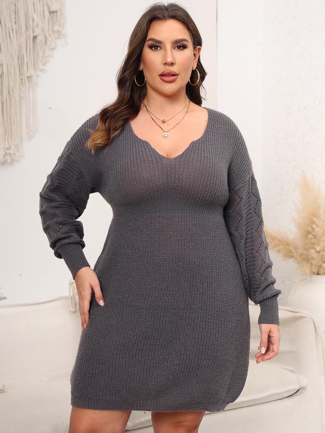 Plus Size Dropped Shoulder Long Sleeve Knit Sweater Dress