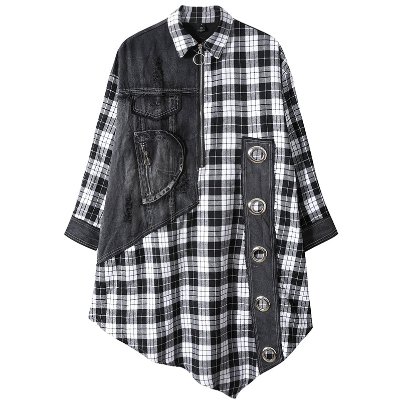 Contrast Coolness Denim Paneled Plaid Dress