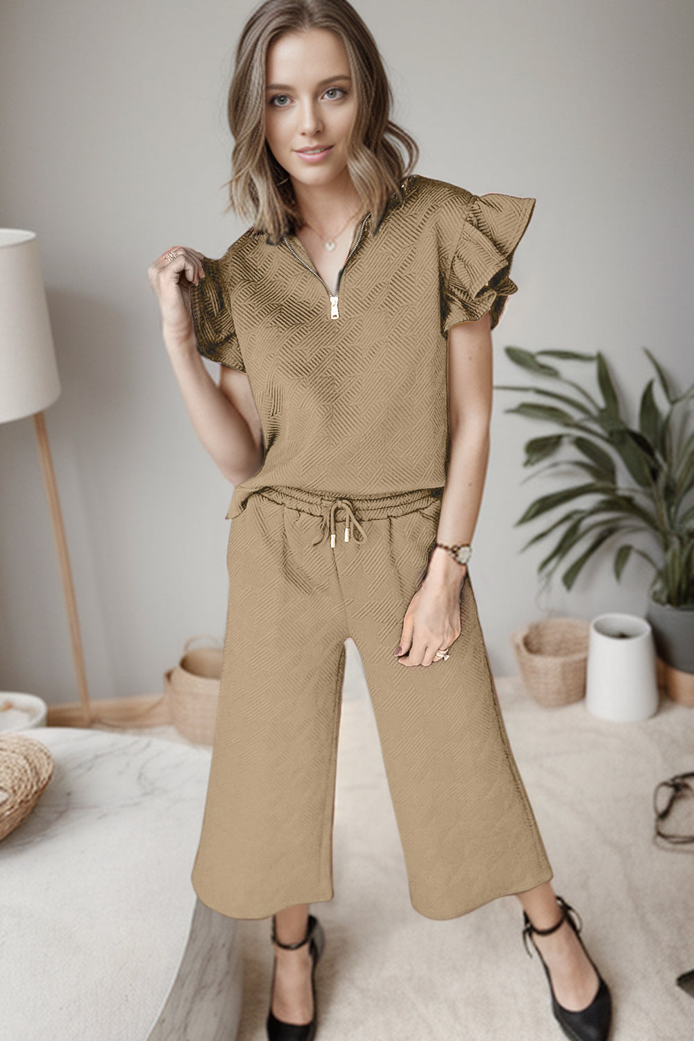 Ruffle Duo Quarter Zip Top and Drawstring Pants Set