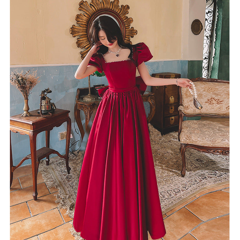 Wine Red  Princess  Engagement  Satin Dress