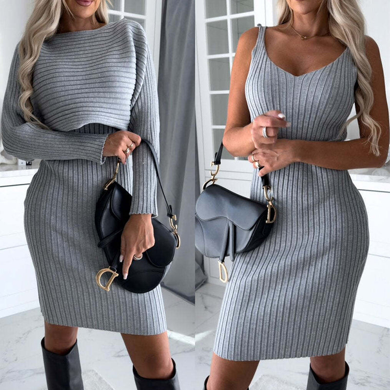 Elegant  2-Prices  Solid Stripe Set w/ Sleeveless Slim Dress & Long-Sleeved Top