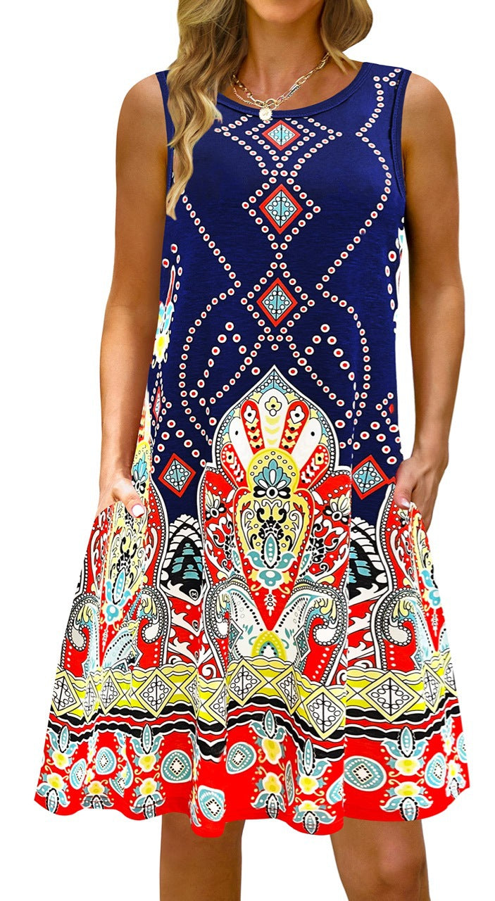 Printed Vest Pocket Dress Women