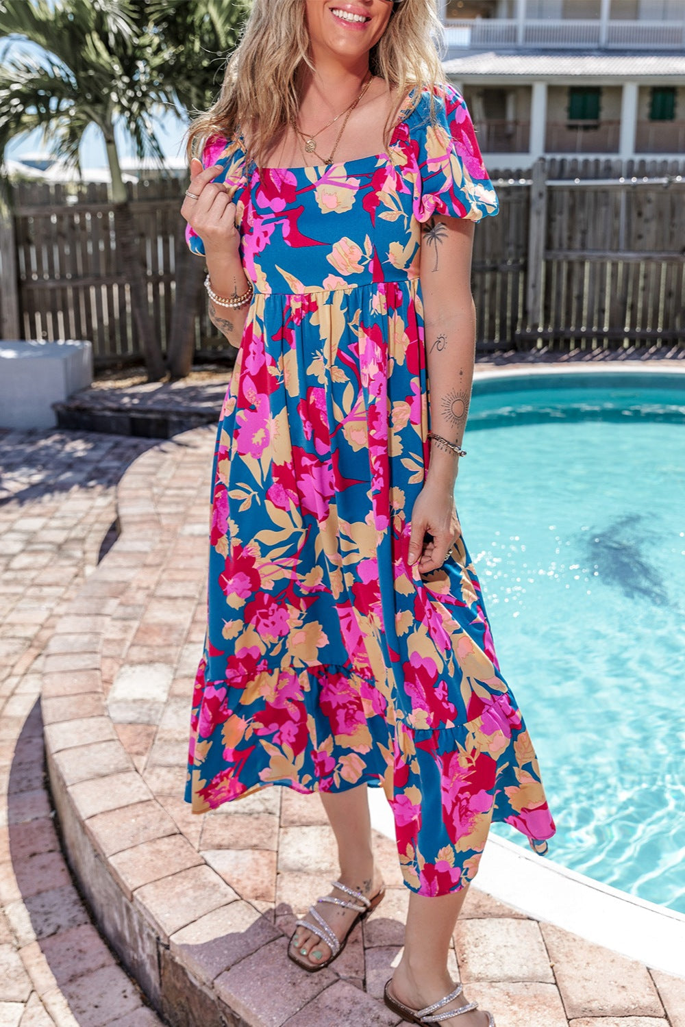 Garden Girl  Midi Dress with Square Neck & Short Sleeve