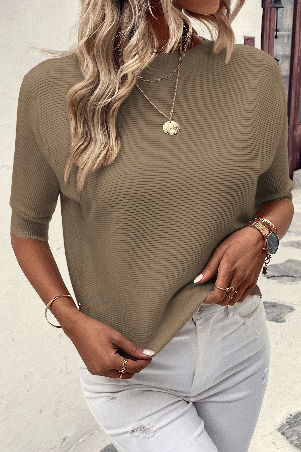 Olive Off-One Shoulder Neck Knit Top w/Half Sleeve