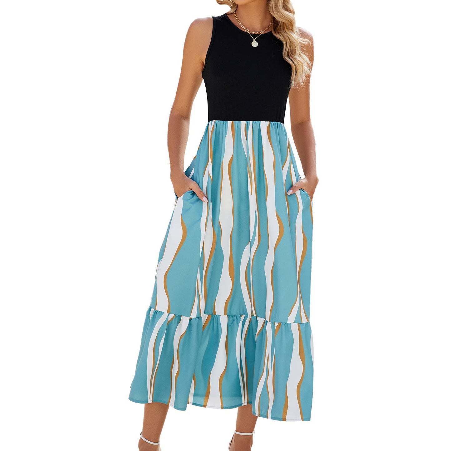 Beach Style Round Neck Striped Print Dress