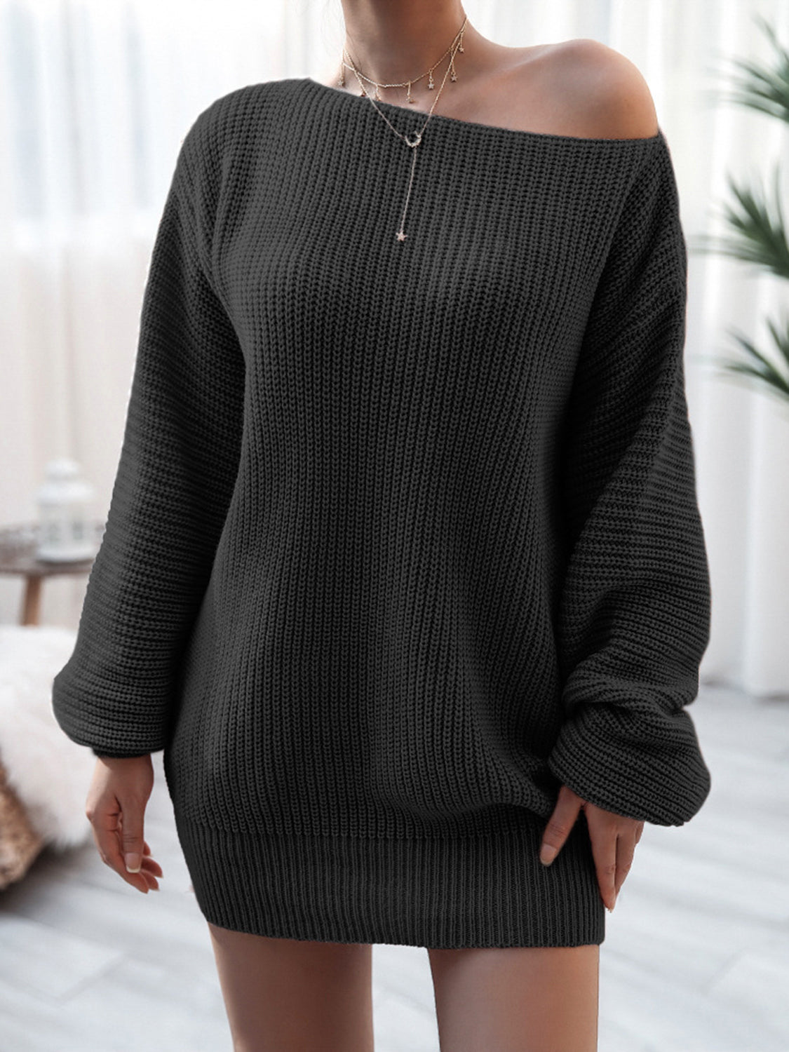Stylish Rib-Knit Mini  Off Shoulder Sweater Dress