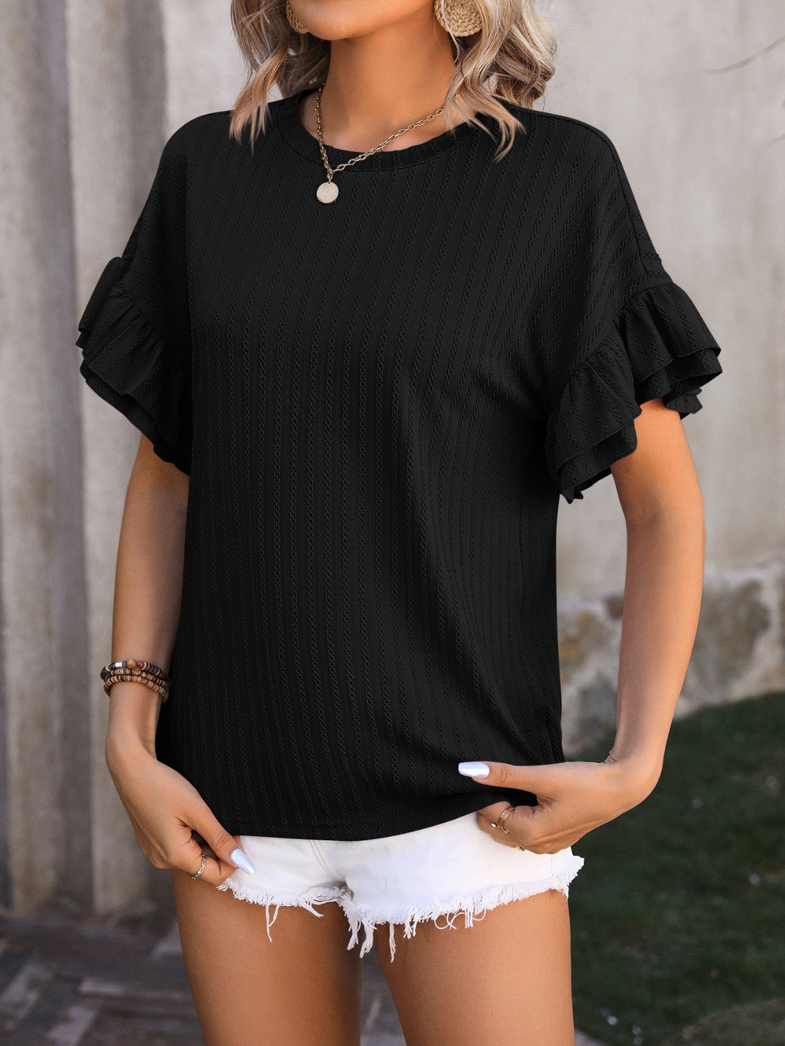Soft Breeze Ruffled Round Neck Short Sleeve Top