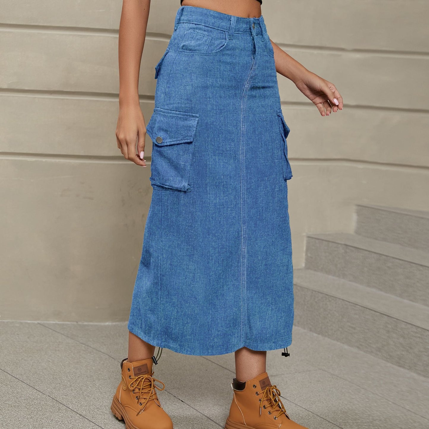 City Scene Drawstring Ruched Denim Midi Skirt