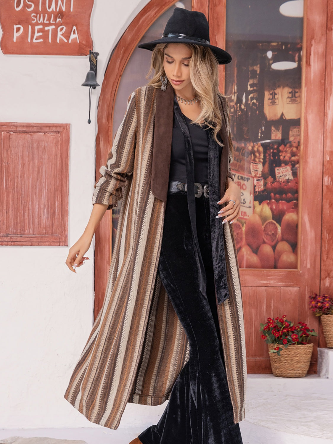 Mocha Chic Striped Open Front Long Sleeve Cardigan
