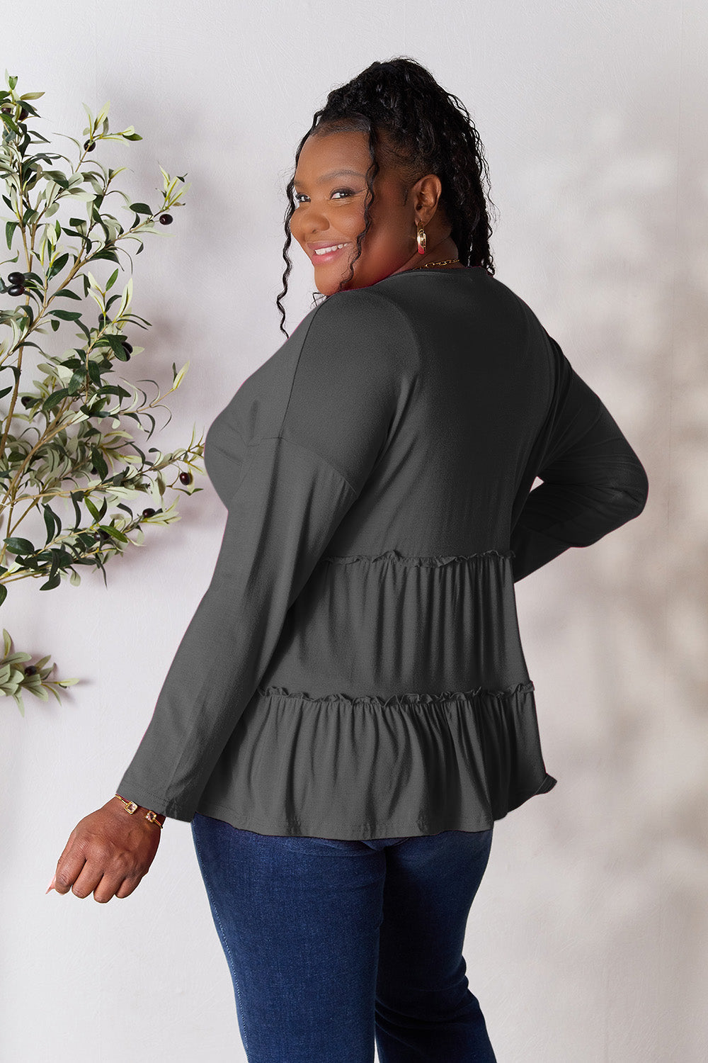 Comfy Ruffle Hem  Double Take Half Button Blouse & Long Sleeve