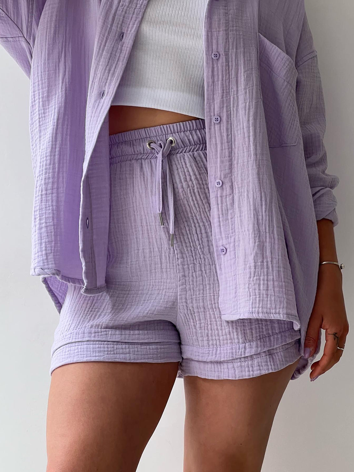 Casual Texture Button-Up Shirt and Drawstring Shorts Set